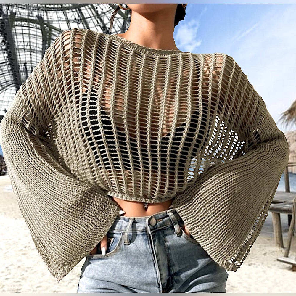 Knit Bell Sleeve Sheer Sweater Without Bra